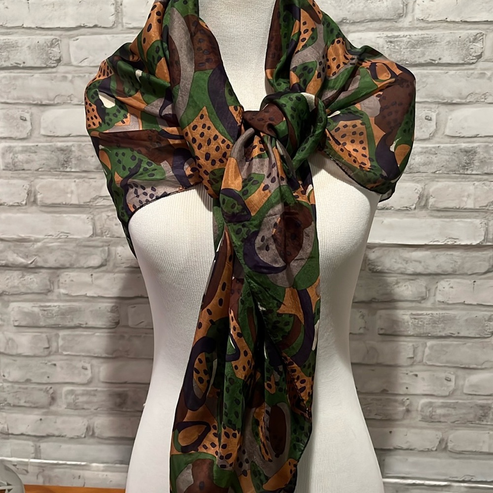 Silk scarf wrap green blue brown tassels 40 inch square abstract design